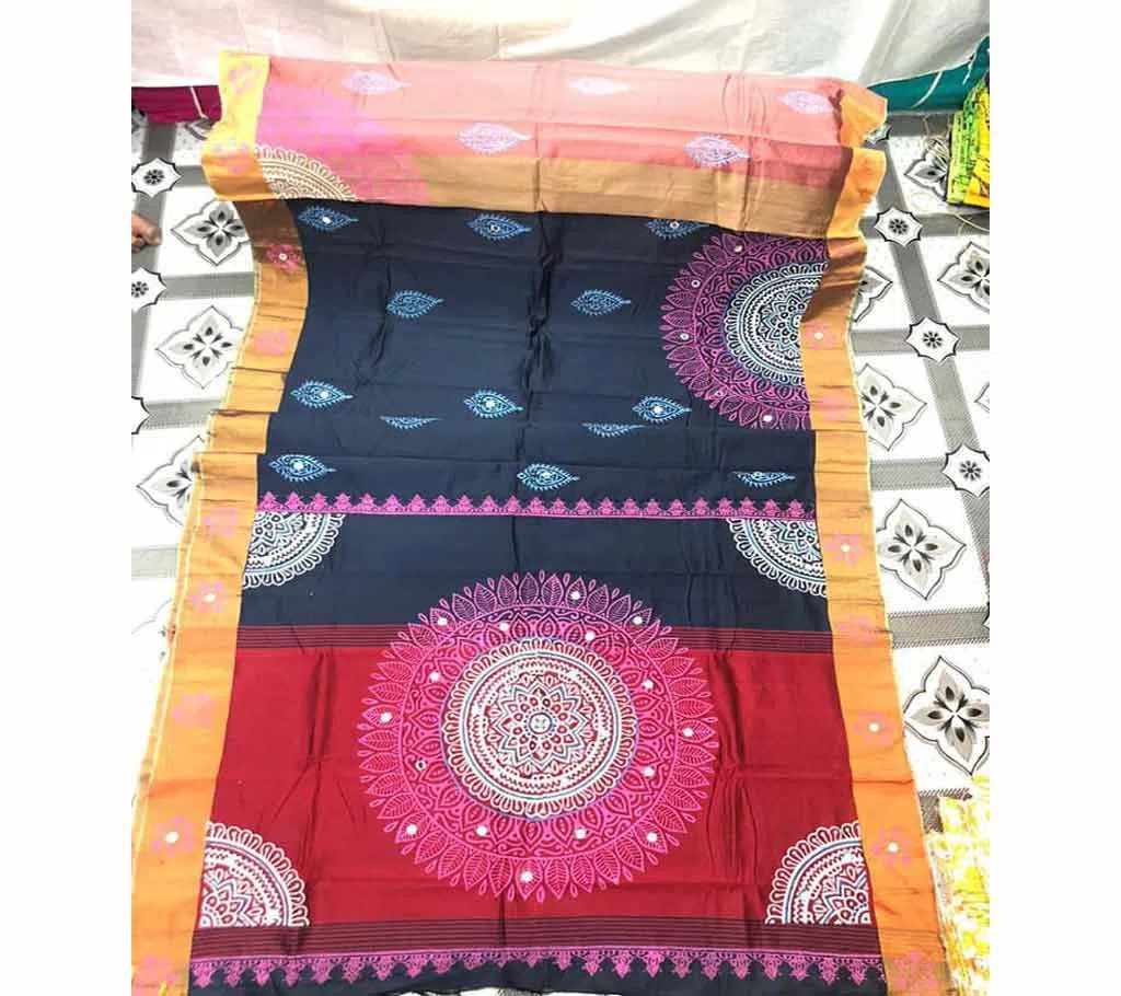 Half Silk Block Printed Embroidery Saree g