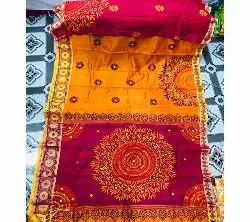 Half Silk Block Printed Embroidery Saree h