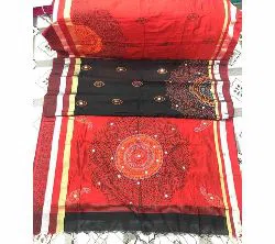 Half Silk Block Printed Embroidery Saree j