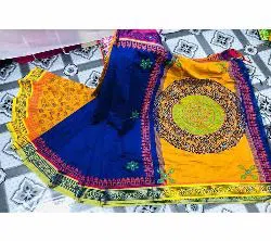 Half Silk Block Printed Embroidery Saree k