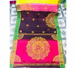 Half Silk Block Printed Embroidery Saree l