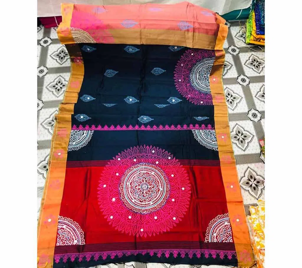 Half Silk Block Printed Embroidery Saree v