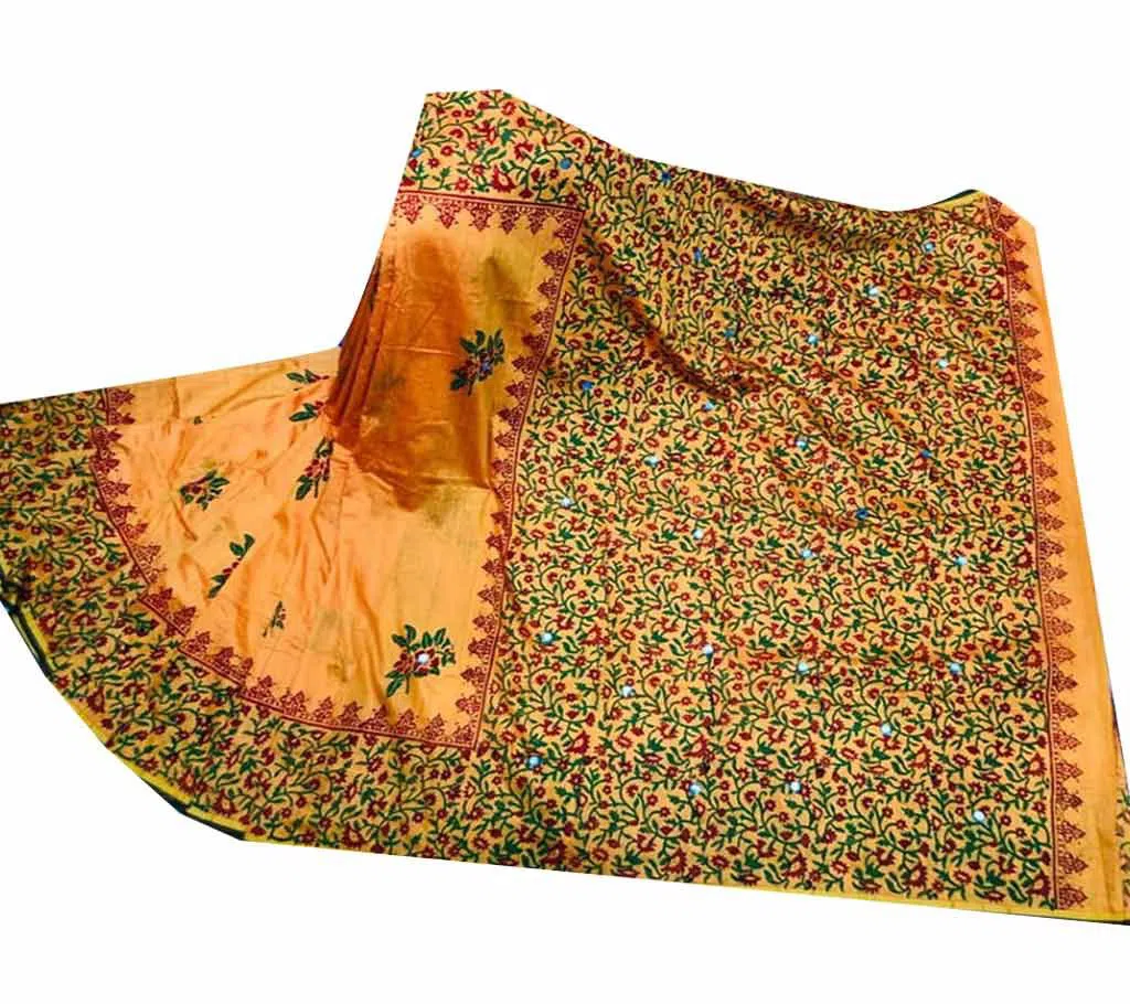 Half Silk Block Printed Embroidery Saree