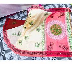 Half Silk Block Printed Embroidery Saree.