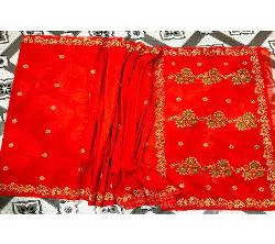 Half Silk Block Printed Embroidery Saree- Red