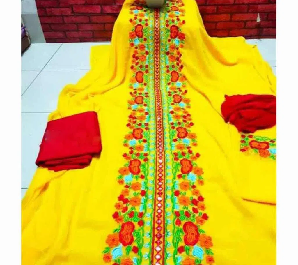 unstitched embroidery cotton three piece yellow 