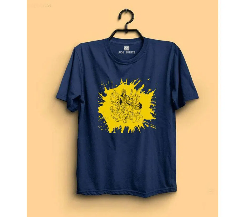 Maa Durga Full Navy Blue Color Print on Yellow Mans T-Shirt
