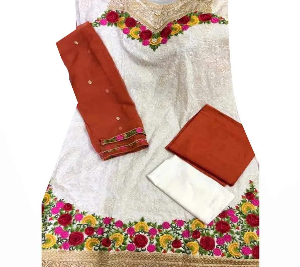 Pakistani Unstitched white Red Printed Cotton Three Piece