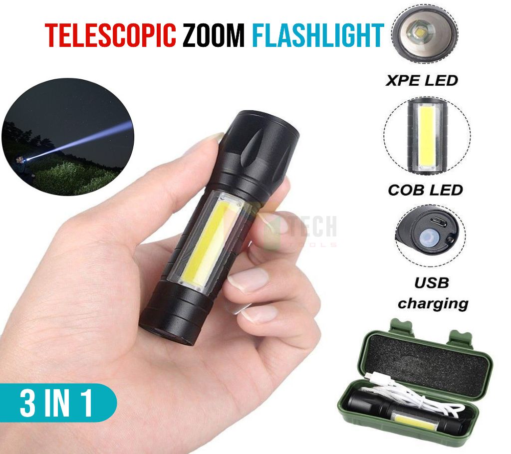 Telescopic Zoom Flash Ligh Xpe+COB, Rechargeable LED Mini Torch Light ...