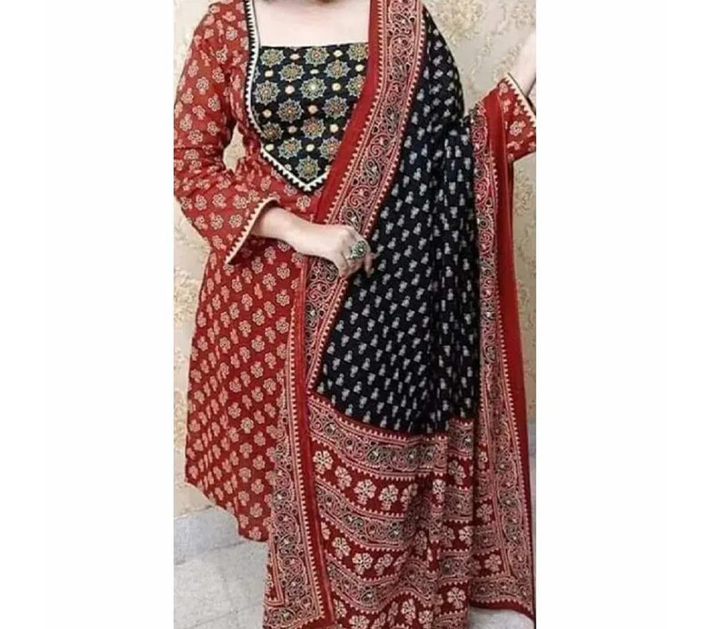   indian butics   Cotton Unstitched three piece-Red and Black 