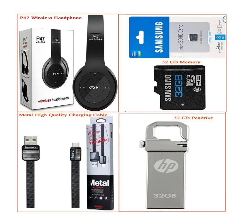 hp pendrive 32 gb+ P47 bluetooth headphone+ 32 gb memory card combo offer 