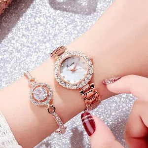 2PCS Women Diamond Watch Female Diamond Bracelet Watches Student Girls Quartz Jewelry Buckle Wristwatch Ladies Clock