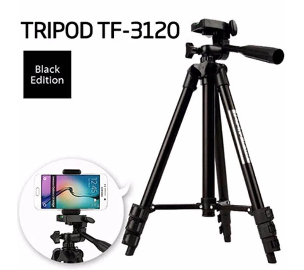 Tripod 3120 Camera Stand with Phone Holder Clip  Black 2020