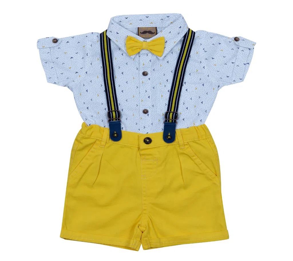 (HAVEit360) Half Sleeves UK Brand Baby Boys Party Set (Shirt + Short Pant + Suspender + Bow Tie) For  00 Month To 05 Years