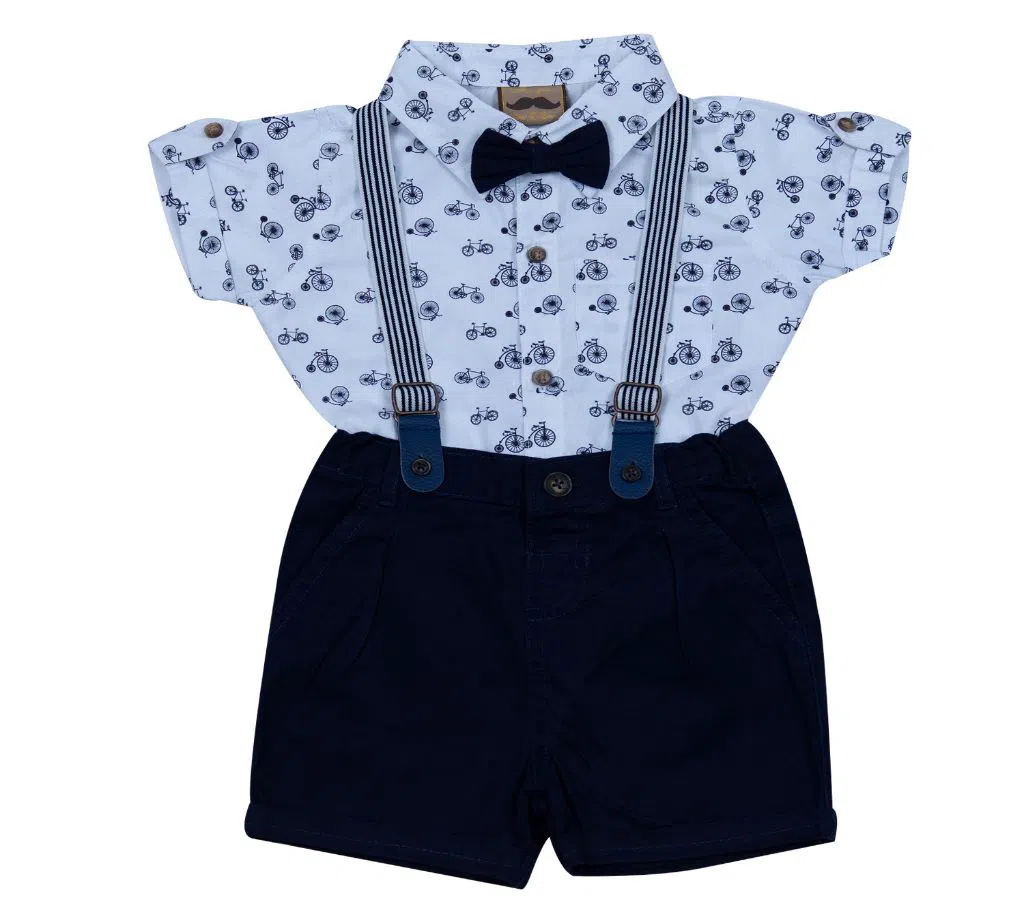 UK Brand Baby Boys Classic Party Set (Shirt + Short Pant + Suspender + Bow Tie) For  00 Month To 05 Years