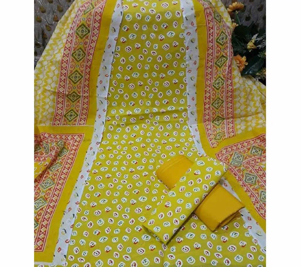 Unstitched Joypuri Screen Printed Cotton Three Piece For Women-Yellow 