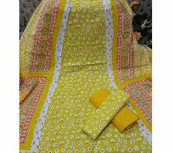 Unstitched Joypuri Screen Printed Cotton Three Piece For Women-Yellow 