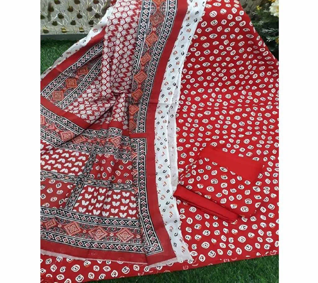 Unstitched Joypuri Screen Printed Cotton Three Piece For Women-Red 