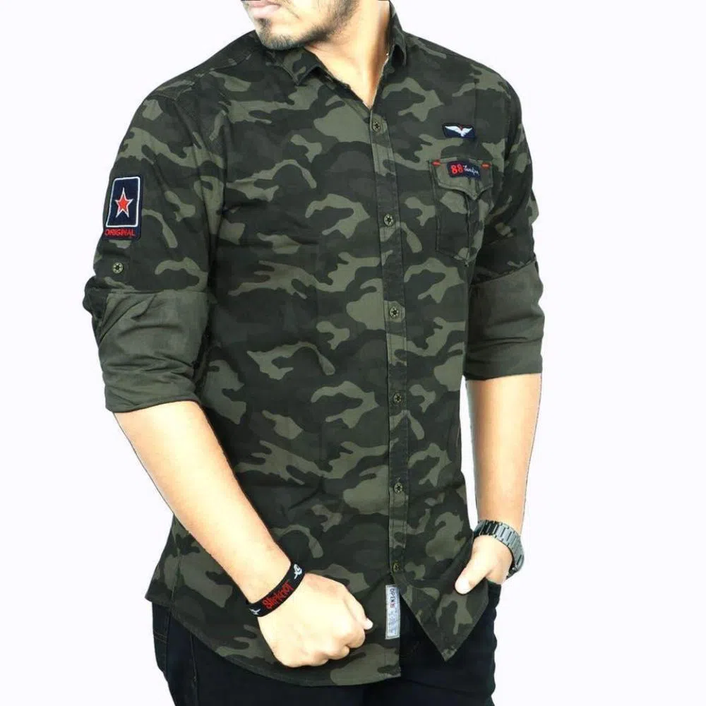 Full Cotton  Army Green Cotton Long Sleeve Casual Shirt 