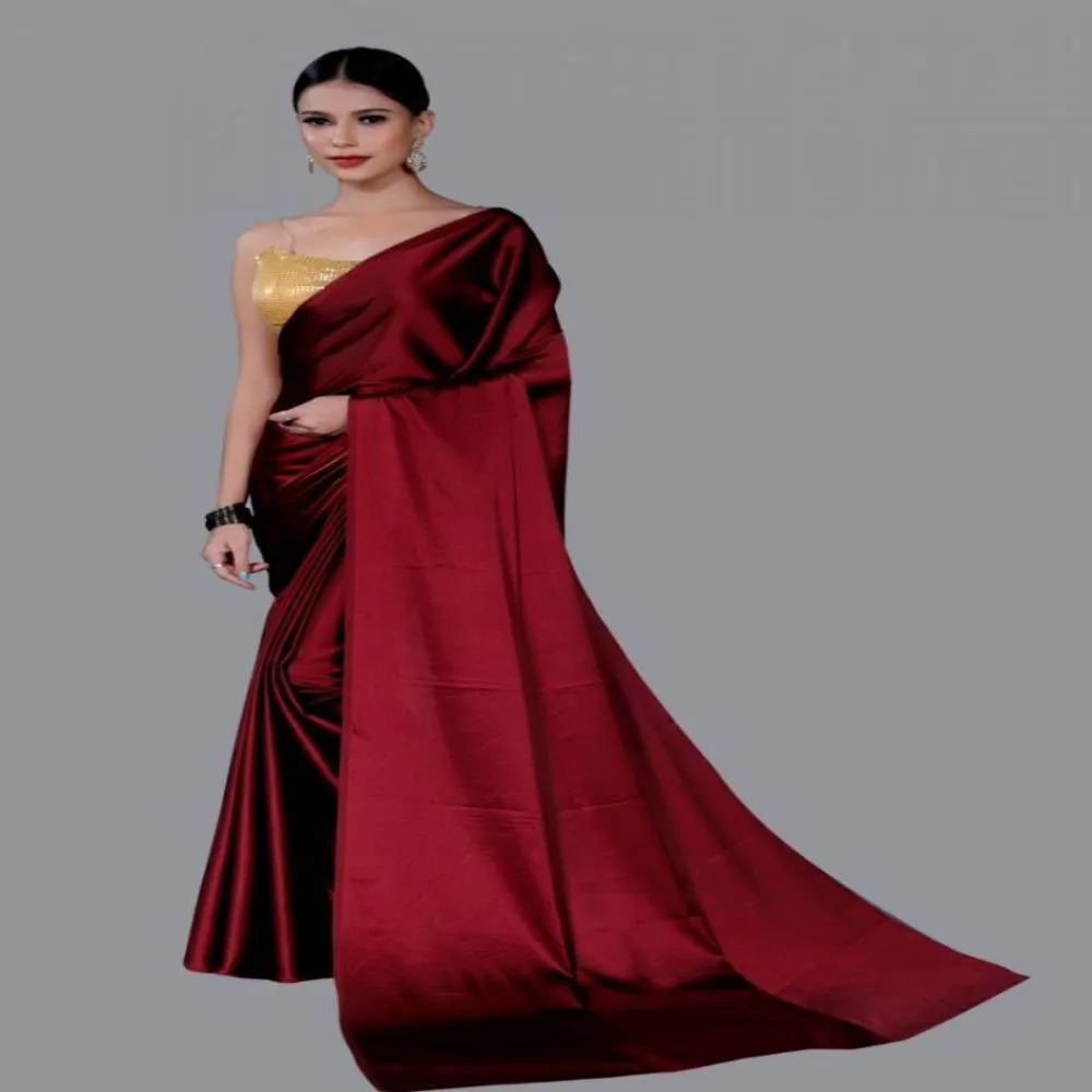 Satin Soft Silk Saree for Women - Deep Maroon no blouse piece 