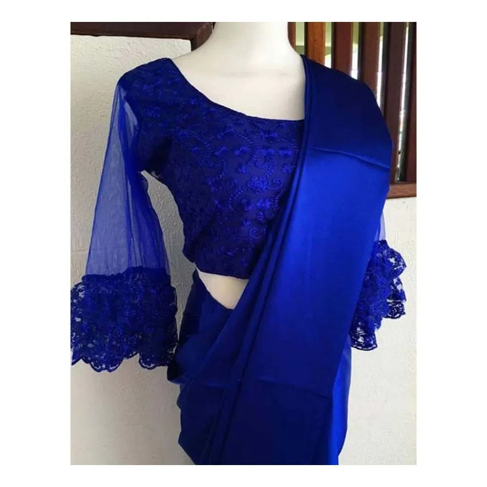 Womens Japani Silk Saree without Digital Print Blouse (Navy Blue)