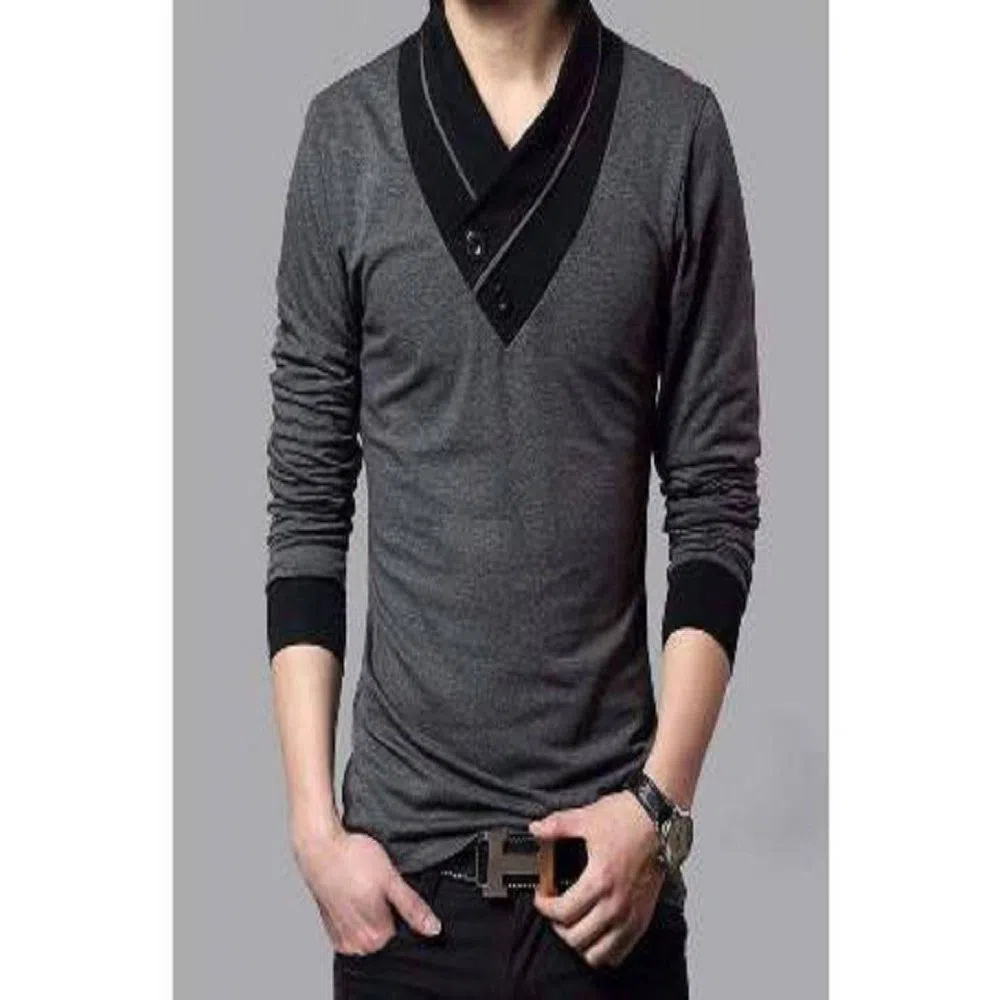 Long Sleeve Round Neck T-Shirt for Men - Grey 