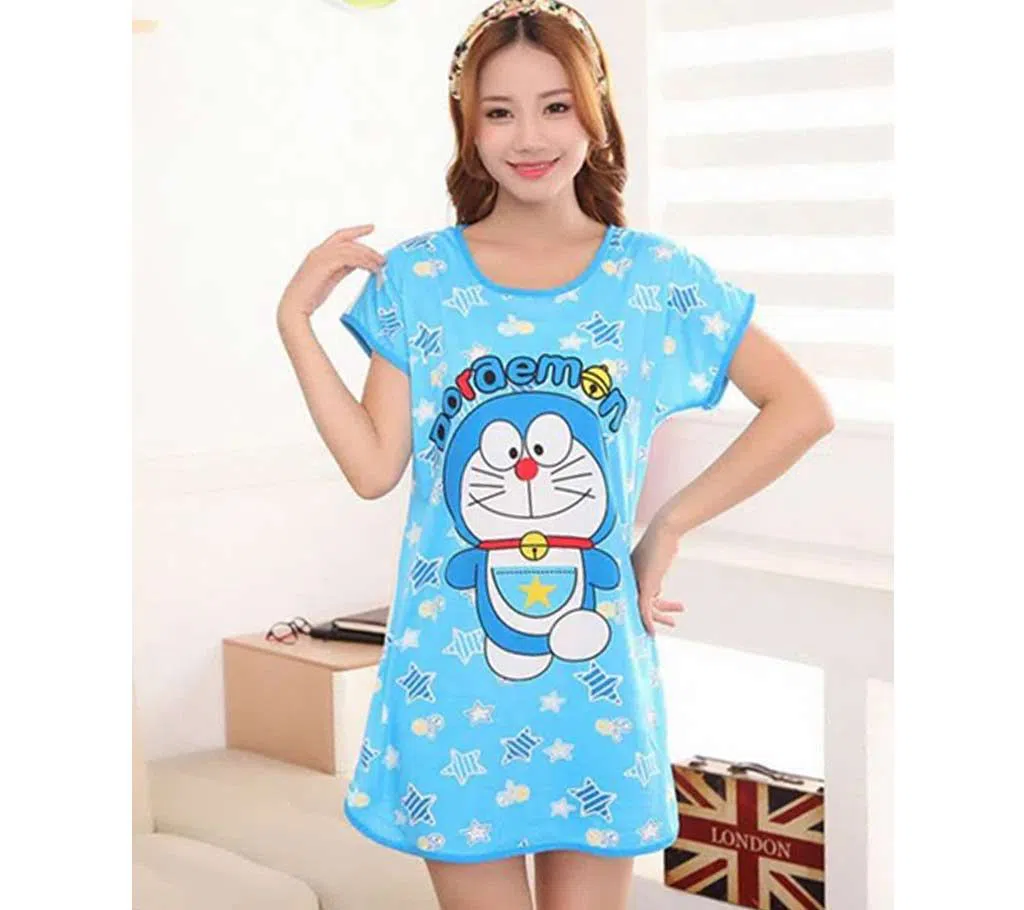 Women Cotton Sleepshirts Summer Short Sleeved Lovely Printed Doraemon Cartoon Animals Indoor Nightgown Sleepwear Free Size(C)