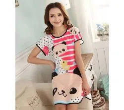 Women Cotton Sleepshirts Summer Short Sleeved Printed PANDA Cartoon Animals Indoor Nightgown Sleepwear Free Size(H)