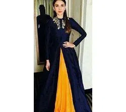 1Navy Blue and Yellow Georgette Gown for Women