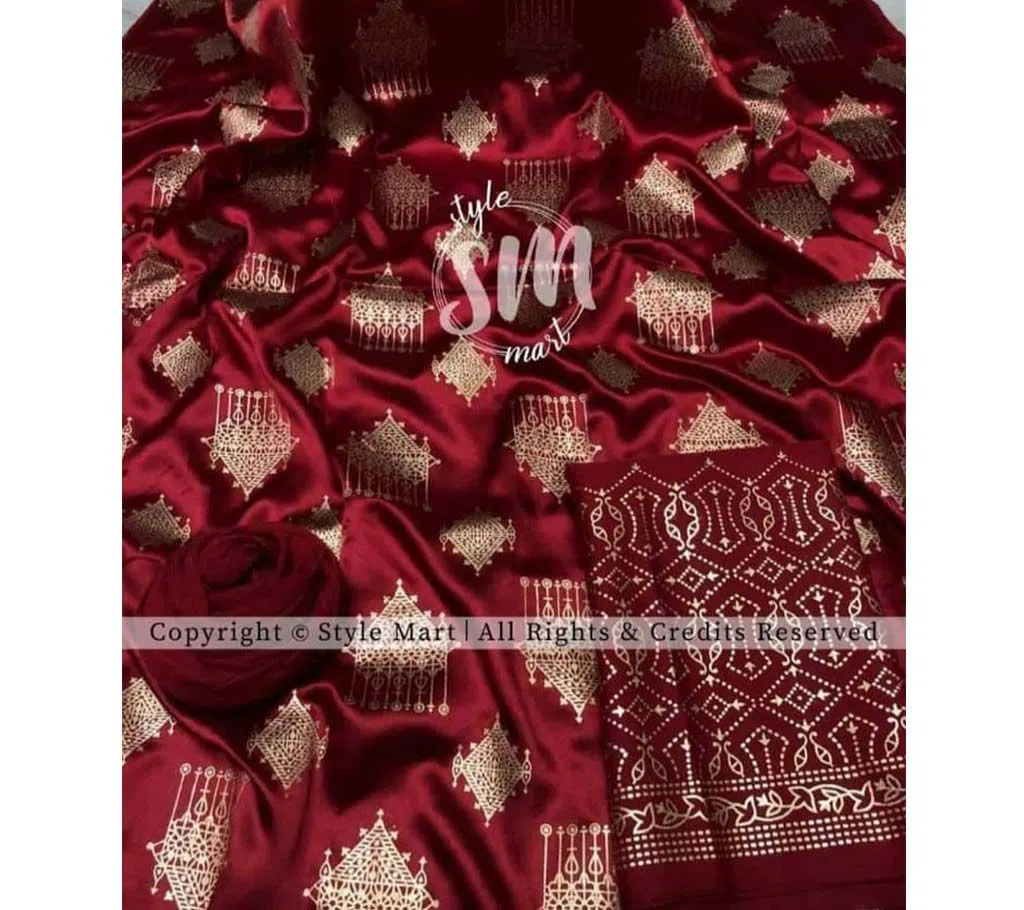 silk with katan print unstich salower kameez dress For women{3piece}-Maroon