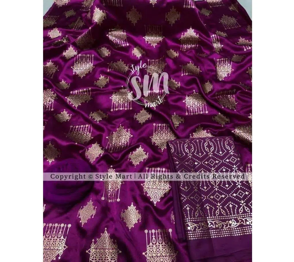 silk with katan print unstich salower kameez dress For women{3piece}-Purple 