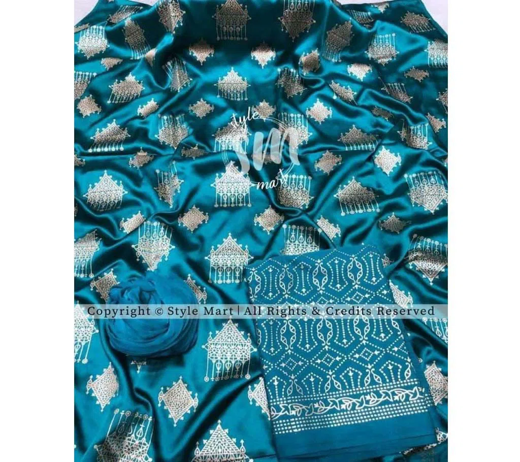 silk with katan print unstich salower kameez dress For women{3piece}-multicolor-10-Aquqa 