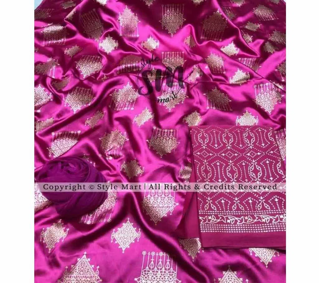 silk with katan print unstich salower kameez dress For women{3piece}-multicolor-14-Pink