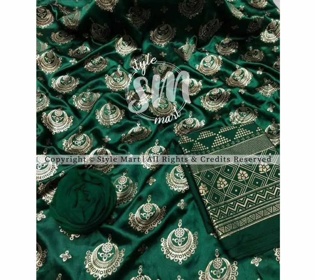 silk with katan print unstich salower kameez dress For women{3piece}-multicolor-15-Green