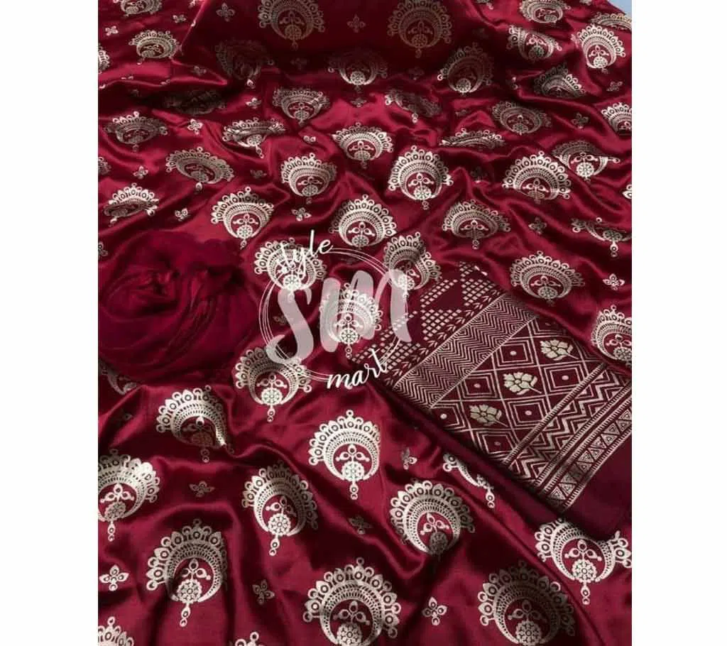 silk with katan print unstich salower kameez dress For women{3piece}-multicolor-18-Red