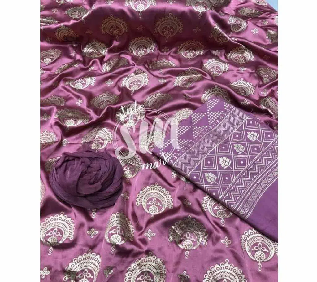 silk with katan print unstich salower kameez dress For women{3piece}-multicolor-19-Pink 