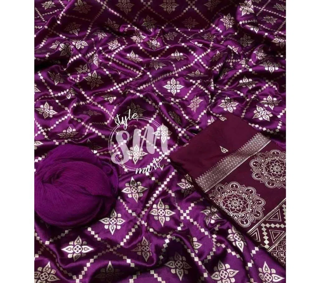 silk with katan print unstich salower kameez dress For women{3piece}-multicolor-24-Purple 