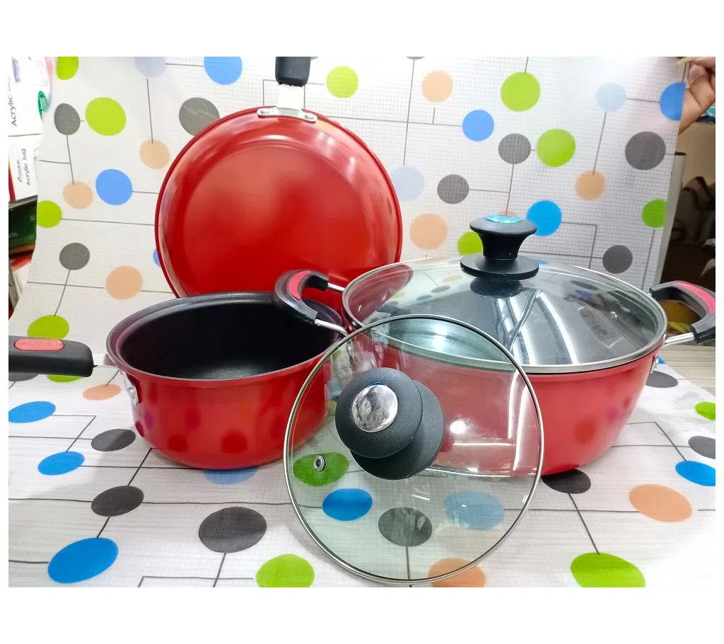 Germany Non Stick 5 Pcs Cookware Set - 6 Layer Havy Coated,1Pcs Casserol,1Pcs Fry pan,1Pcs Soup Pot,With 2Pcs Lid,Gift And Home Decoration,Red Colour.