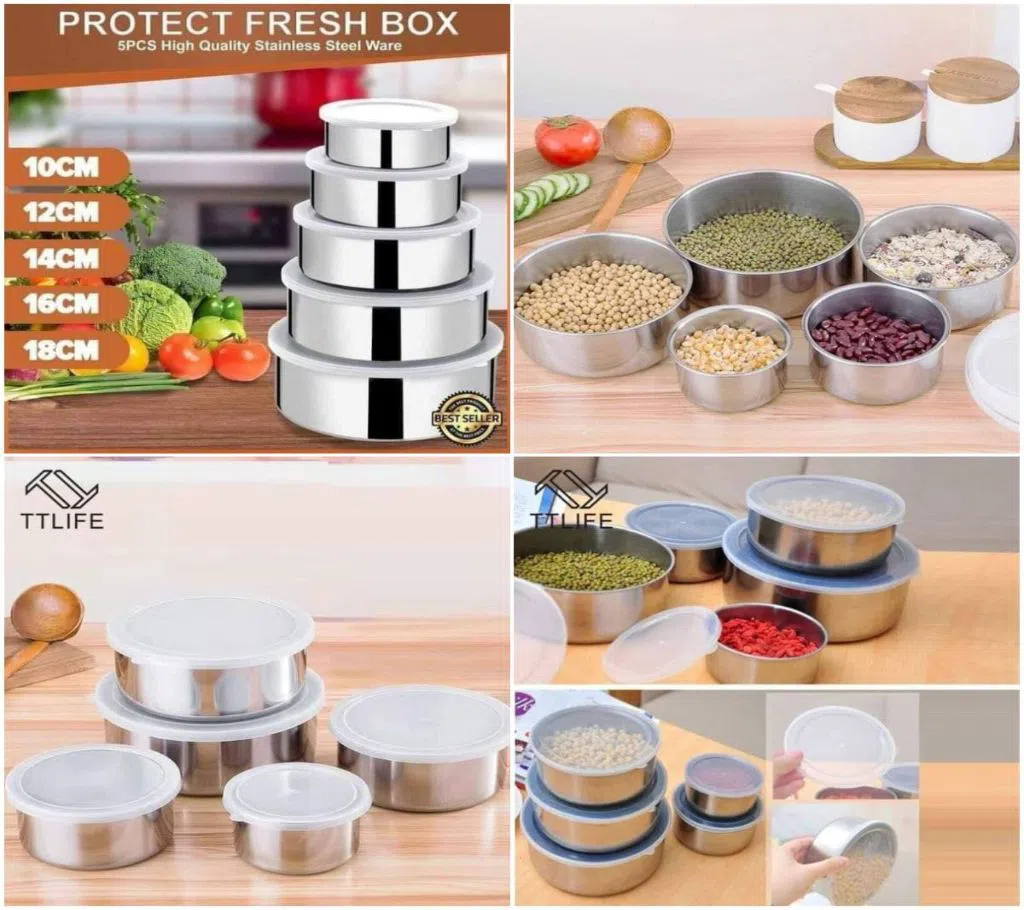 Stainless steel Storage Bowls 5Pcs Set With Food-Grade Plastic Cover,Protect Fresh box 5 Pcs Bowls Set,5-Piece Bowl Set Airtight, Leak-Proof, Freezer-