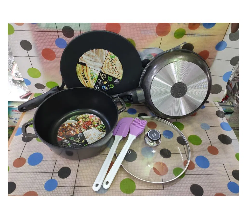 BD-KOR Non Stick 6 Pcs Cookware Set For Superior Release -Non Stick Coated,1Pcs Casserol,1Pcs Fry pan,1Pcs Tawa 2Pcs Silicon Spatula,1Pcs Lid,Gift And