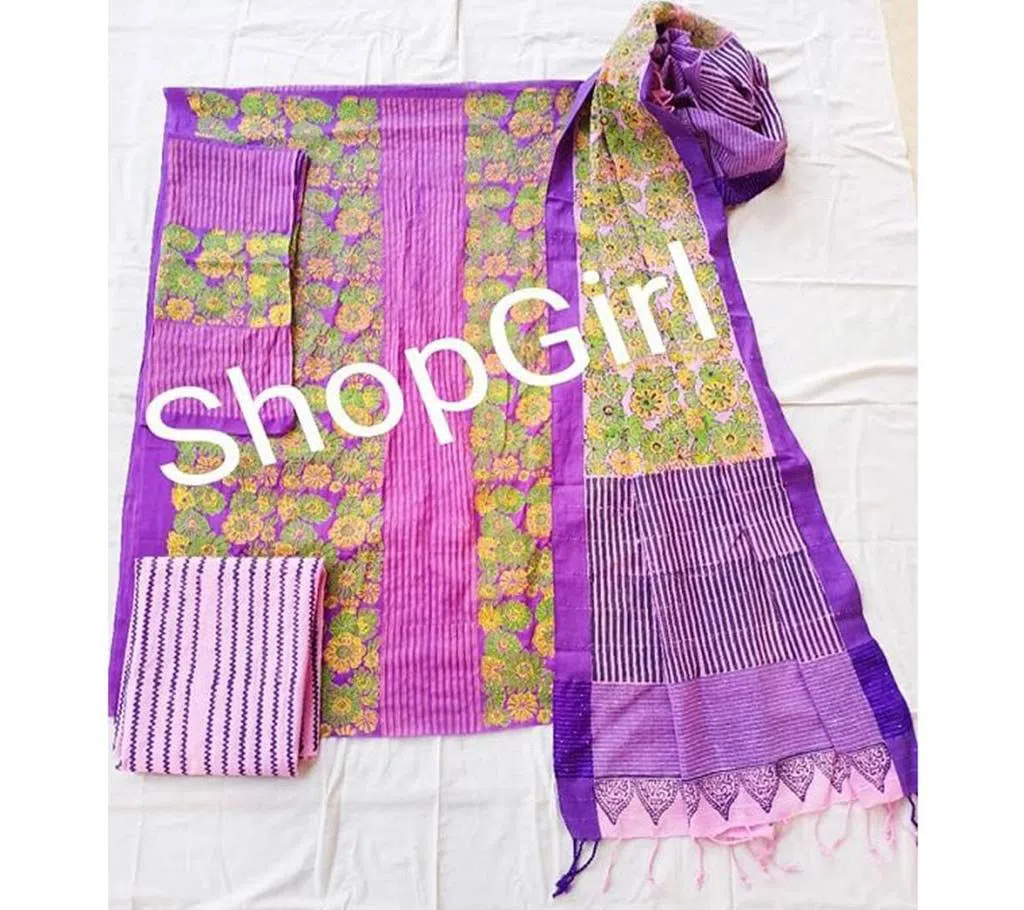 Block Printed Purple Unstiched Cotton Salwar Kameez / Three Piece