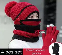 Solid Color Women Ring Scarf Mask Hat Gloves Set Total 4 Pics