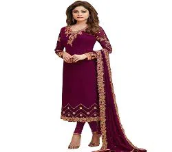 Unstitched Georgette Embroidery Three Piece  Maroon 