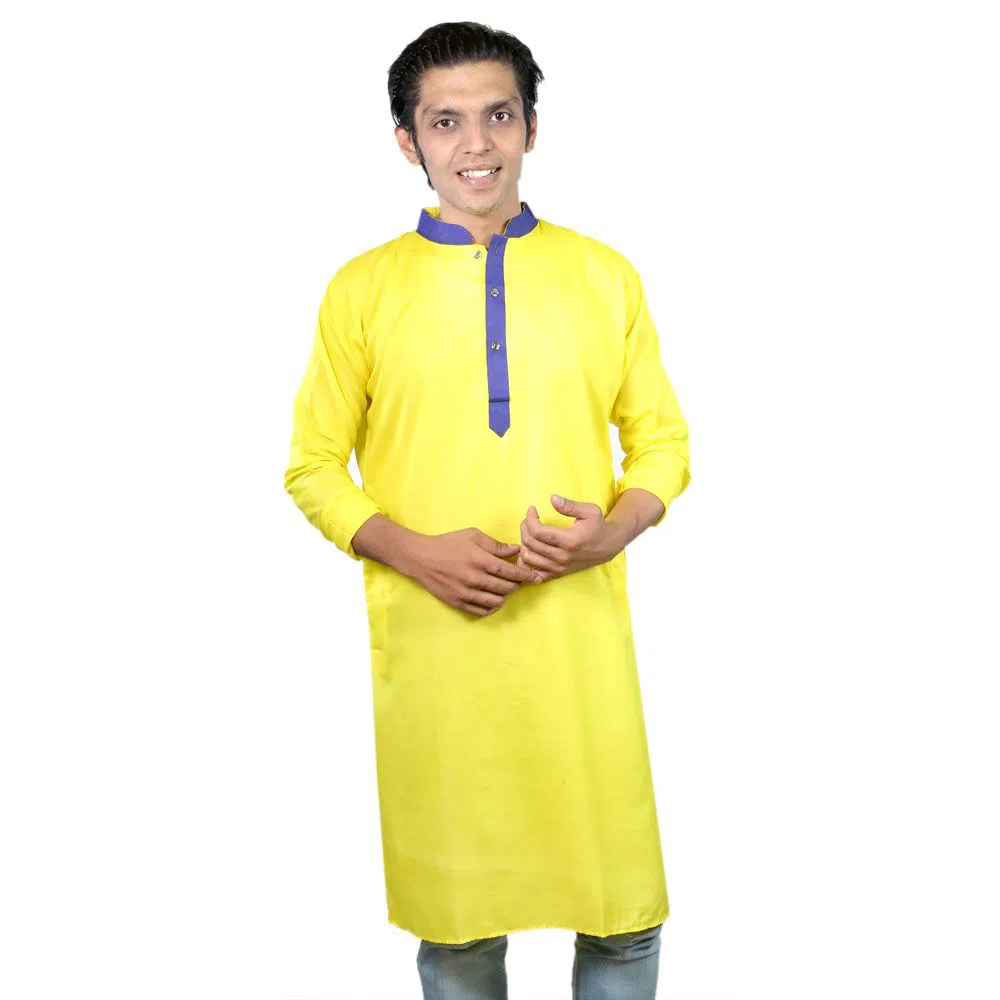 Semi Long Cotton Punjabi For Men - 31 (Yellow with Blue Collar)