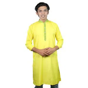 Semi Long Cotton Punjabi For Men - 32 (Yellow with Green Collar)