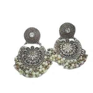 Silver Gajra Style Pearl Jhumka Ear Rings