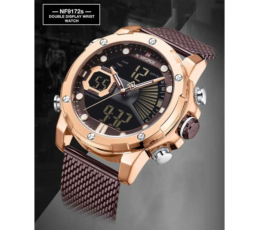 NAVIFORCE NF9172 Stainless Steel Dual Time LCD Digital Wrist Watch For Men - RoseGold & Bronze