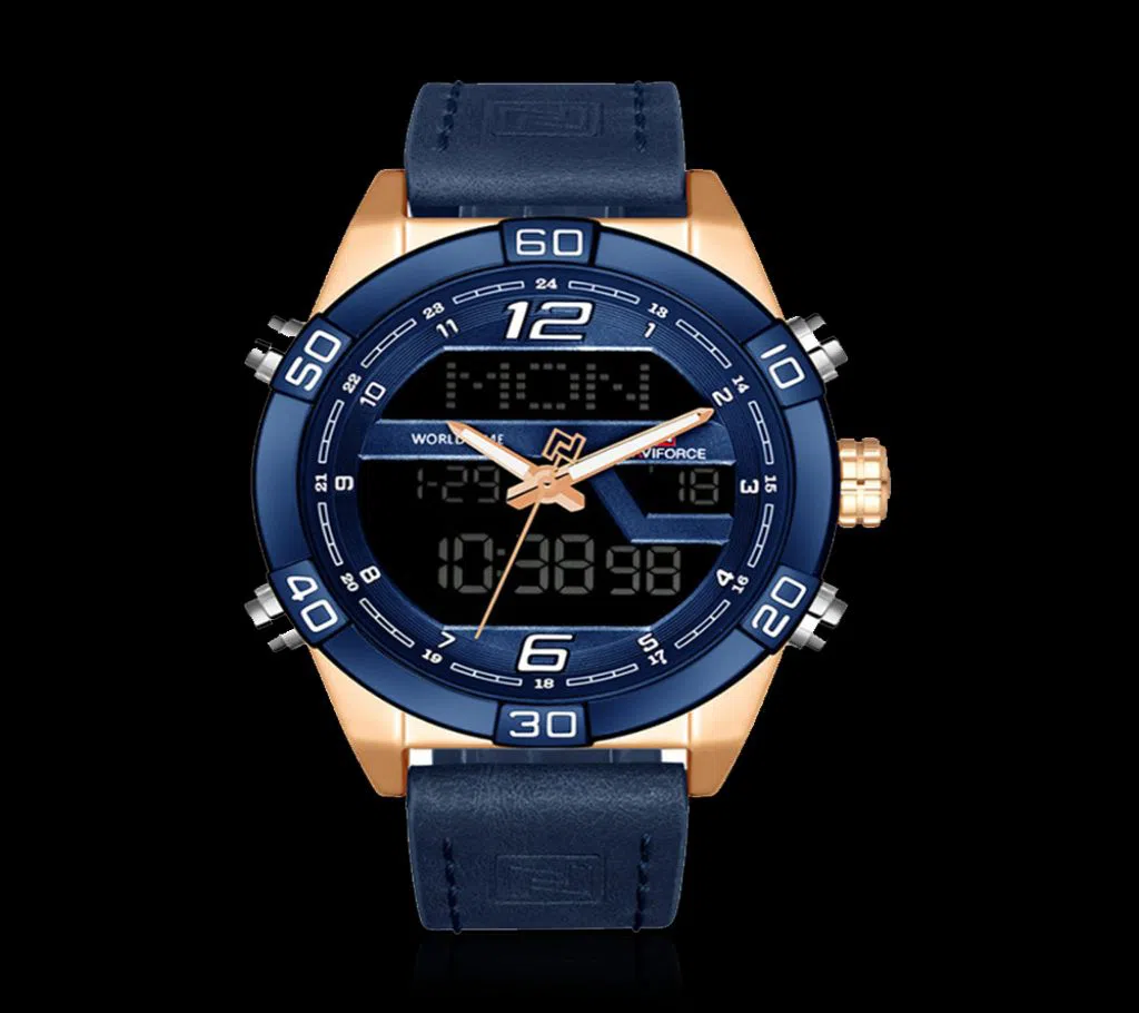 NAVIFORCE NF9128 PU Leather Dual Time Wrist Watch for Men - Navy Blue