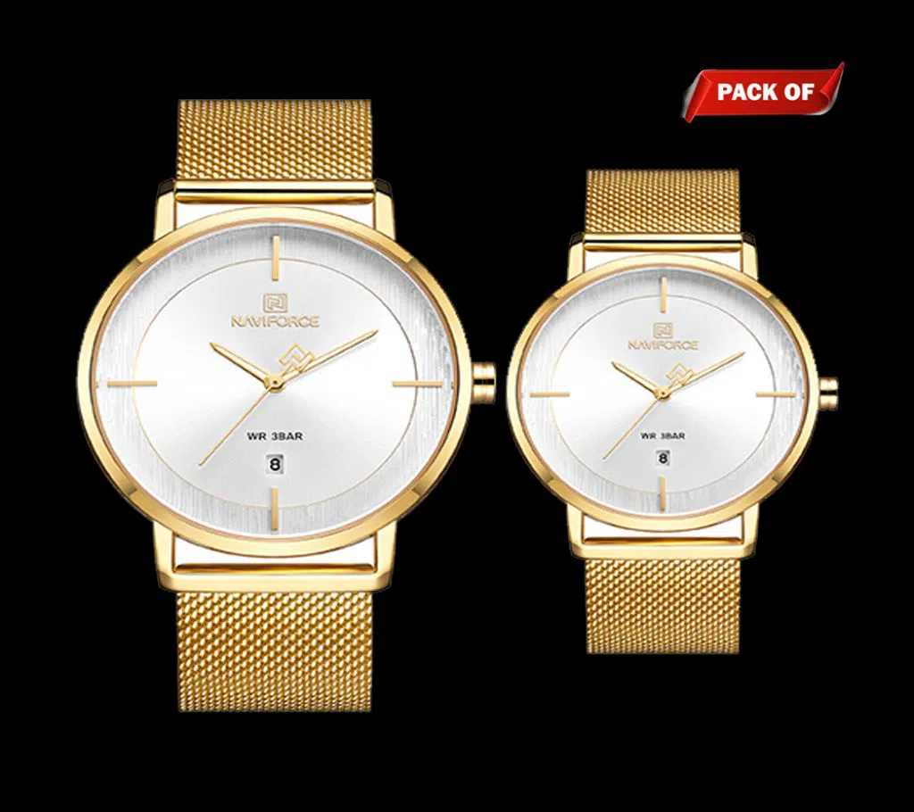 NAVIFORCE NF3009 PU Leather Analog Watch For Couple - White & Golden