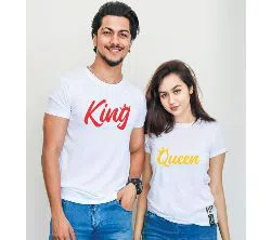 King & Queen Half Sleeve White T Shirt For Couple FF2